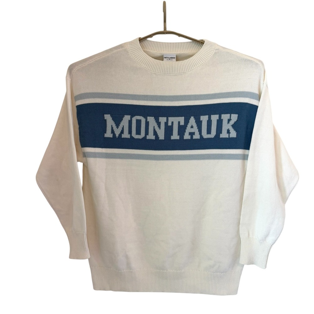 Moonrise Montauk‎ Spellout Sweater Small White Blue Crew Hampton Oversize READ
